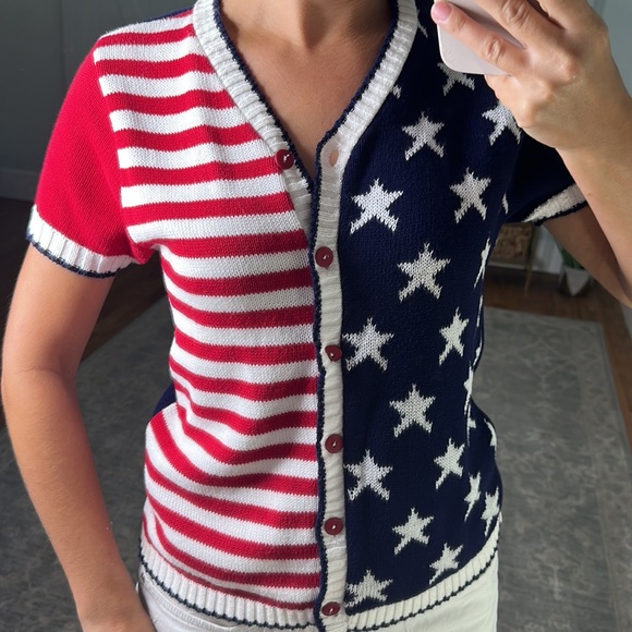 Vintage 4th of July short sleeve button up American Flag sweater size small - Picture 4 of 11
